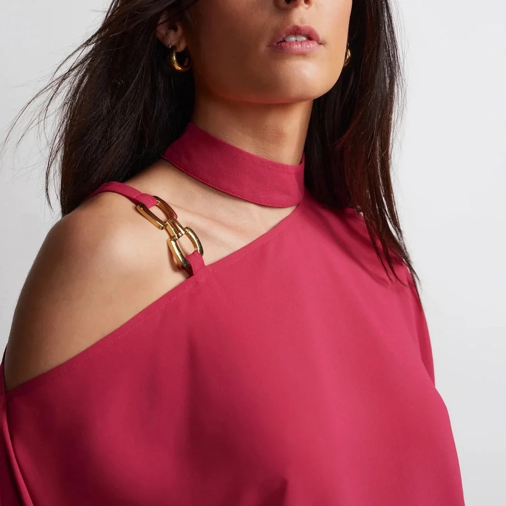 New York Company Cold Shoulder Fuchsia Top Blouse NEW L/XL Trendy Feminine - Picture 4 of 15